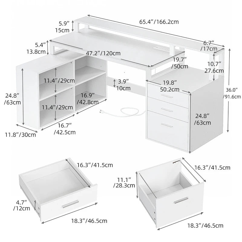Bureau d'angle en L de 165 cm avec LED RVB, support d'écran et armoire de rangement – 1 personne | Blanc / Chêne / Gris anthracite / Noir
