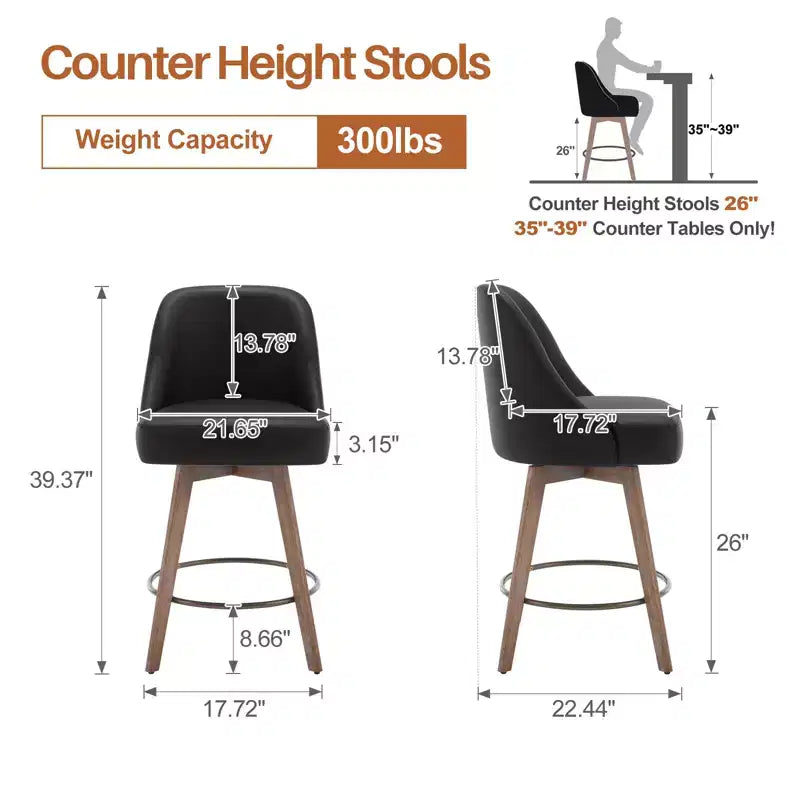 Lot de 4 tabourets de bar pivotants à hauteur de comptoir Bekrvio 26 po avec dossiers et pieds en bois, tabourets de bar rembourrés en tissu lin/similicuir pour îlot de cuisine
