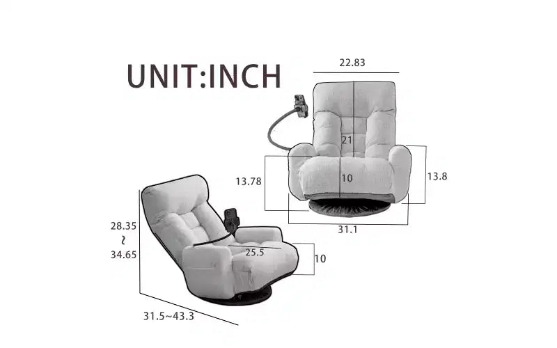 Chaise de jeu au sol, fauteuil de sol pivotant avec accoudoirs et support de téléphone, fauteuil de jeu inclinable pliant réglable sur 5 positions