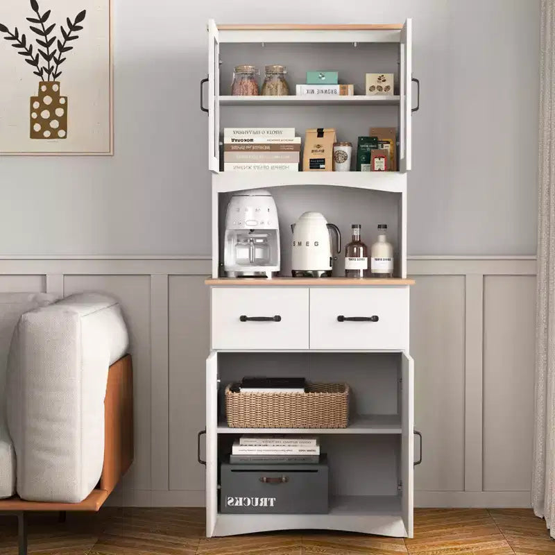 23 Armoires de cuisine en bois, armoire de garde-manger avec portes vitrées et tiroirs, étagères réglables, blanche