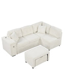 Canapé d'angle 4 places avec lit gigogne, pouf, ports USB et tablette rabattable