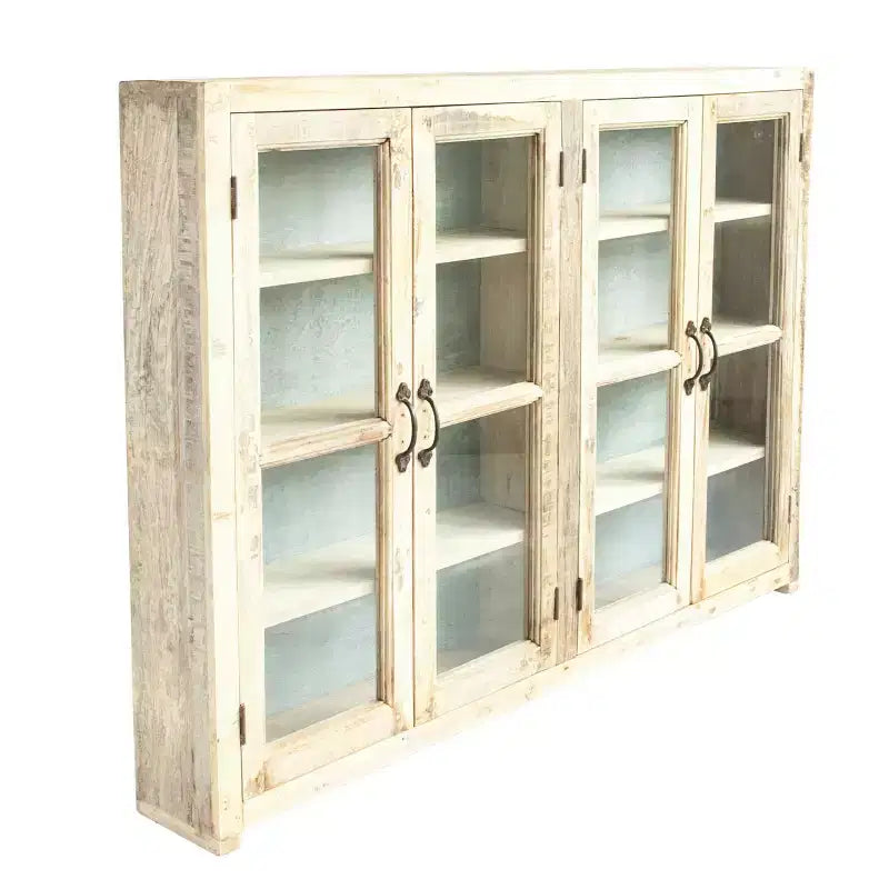 40 Armoire haute de rangement à 4 portes en bois recyclé et métal avec portes vitrées, marron