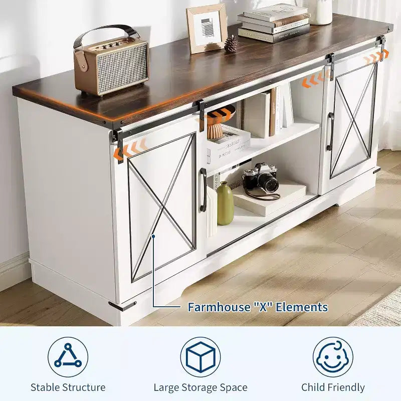Meuble TV de style ferme pour téléviseurs jusqu'à 65 pouces, meuble de divertissement avec portes coulissantes de grange et armoires de rangement, console multimédia pour salon, chambre à coucher