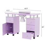 Table de manucure de 42,5 po en MDF blanc avec 3 tiroirs, rangement, portes et collecteur de poussière électrique