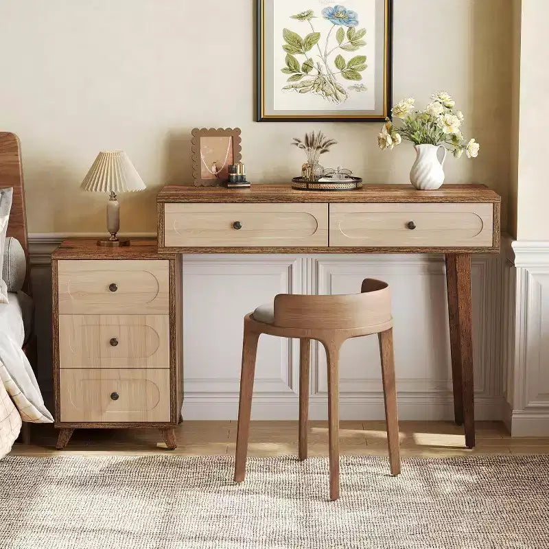 Bureau Lantine de 39 pouces avec 5 tiroirs et armoire rétractable, petite table d'ordinateur et coiffeuse extensible pour petits espaces, marron