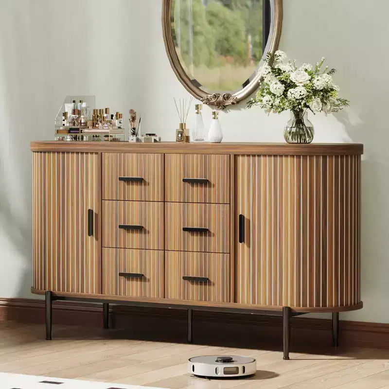 Buffet bas de ferme cannelé de 150 cm, meuble TV avec 6 tiroirs et 2 portes coulissantes, meuble de rangement polyvalent pour salon