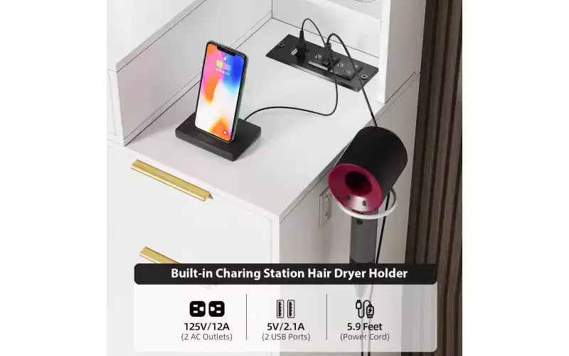 Coiffeuse de 59 pouces avec miroir lumineux, 8 tiroirs, étagères ouvertes pour chambre de fille, éclairage réglable, design gain de place