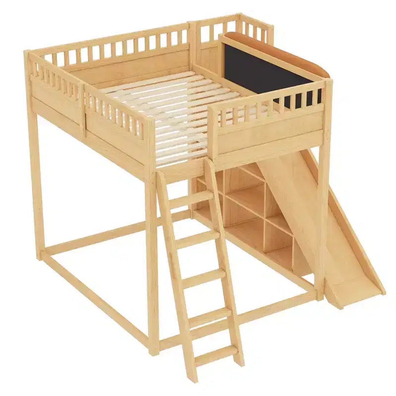 Lit mezzanine Bellemave avec tête de lit rembourrée et étagères de rangement, cadre de lit mezzanine en bois massif avec échelle et toboggan pour enfants