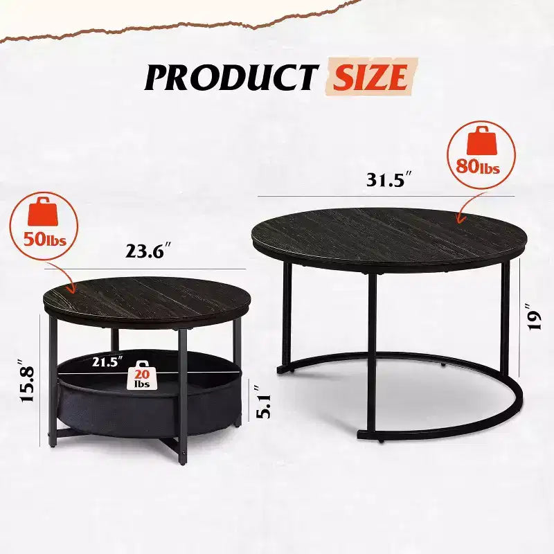 GALAXHERO Lot de 2 tables basses rondes gigognes - Tables d'appoint de 80 cm avec rangement et cadre métallique pour salon/appartement