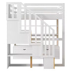 Lit mezzanine pleine grandeur avec escalier et bureau, cadre de lits mezzanine en bois avec tiroirs de rangement et étagères pour adultes, adolescents et enfants