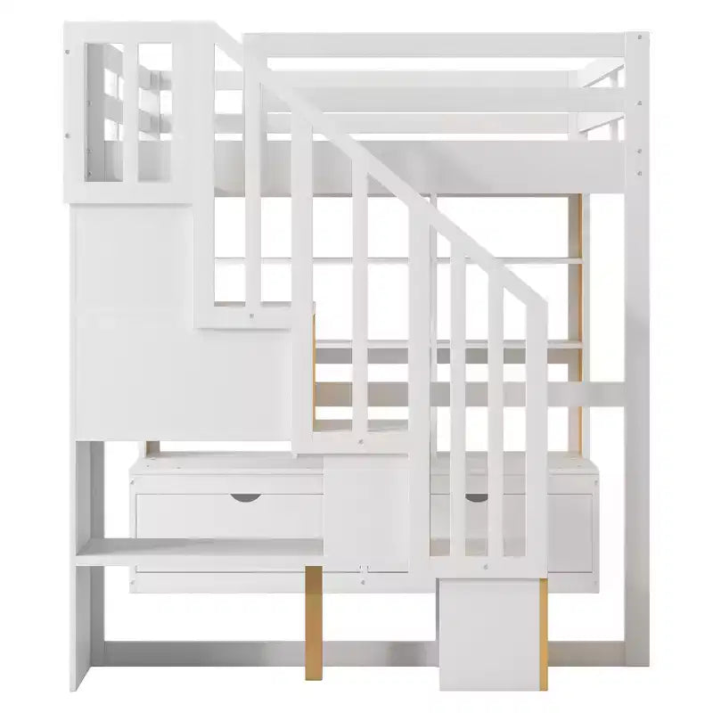 Lit mezzanine pleine grandeur avec escalier et bureau, cadre de lits mezzanine en bois avec tiroirs de rangement et étagères pour adultes, adolescents et enfants