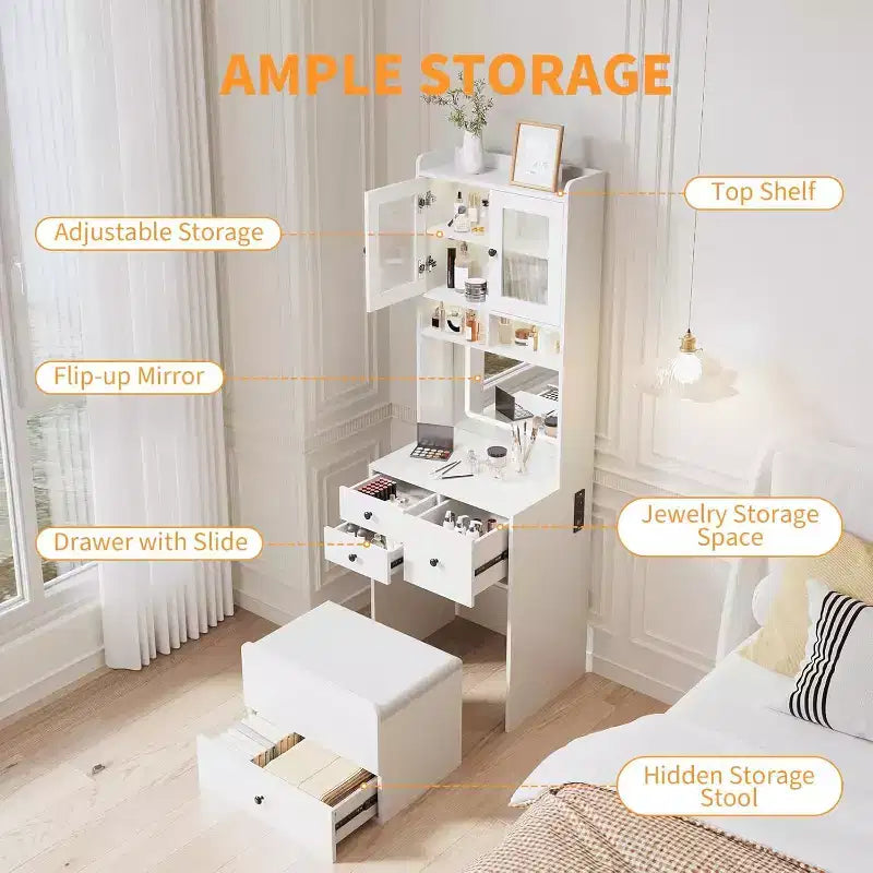 Coiffeuse 3-en-1 avec miroir lumineux, table de toilette compacte avec tiroirs, compartiment de rangement et tabouret roulant pour chambre à coucher