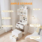 Coiffeuse 3-en-1 avec miroir lumineux, table de toilette compacte avec tiroirs, compartiment de rangement et tabouret roulant pour chambre à coucher