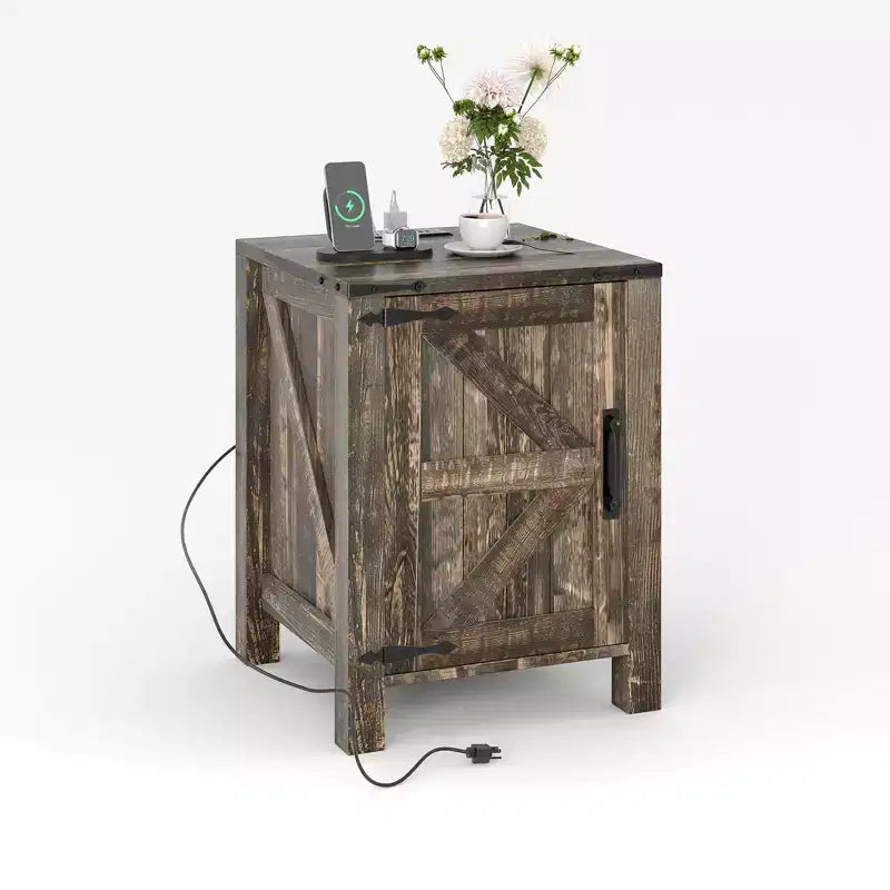 Lot de 2 tables de chevet de ferme avec station de recharge, table de nuit rustique avec porte de grange et étagère réglable, petite table d'appoint pour chambre et salon.