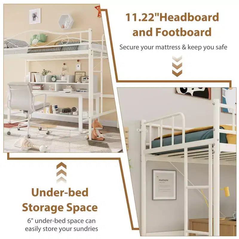 Lit mezzanine double avec échelle amovible et garde-corps de sécurité intégral, lit mezzanine double avec cadre en métal robuste d'une capacité de 180 kg, gain de place.