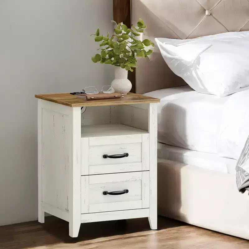 Lot de 2 tables de chevet de ferme avec port de chargement USB - Tables de nuit à 2 tiroirs, design rustique et moderne
