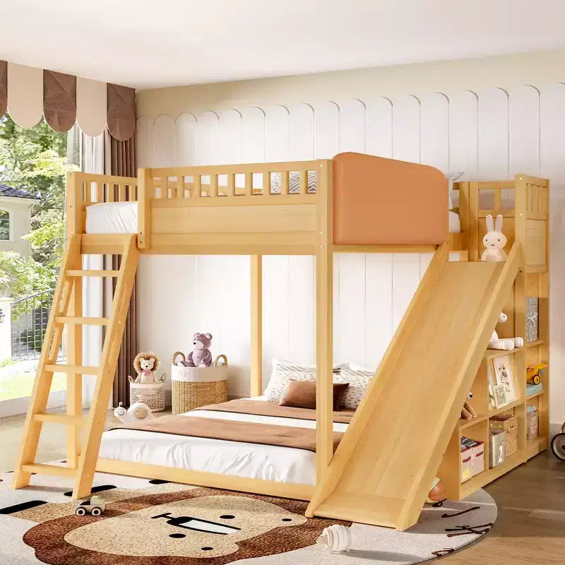 Lit mezzanine Bellemave avec tête de lit rembourrée et étagères de rangement, cadre de lit mezzanine en bois massif avec échelle et toboggan pour enfants