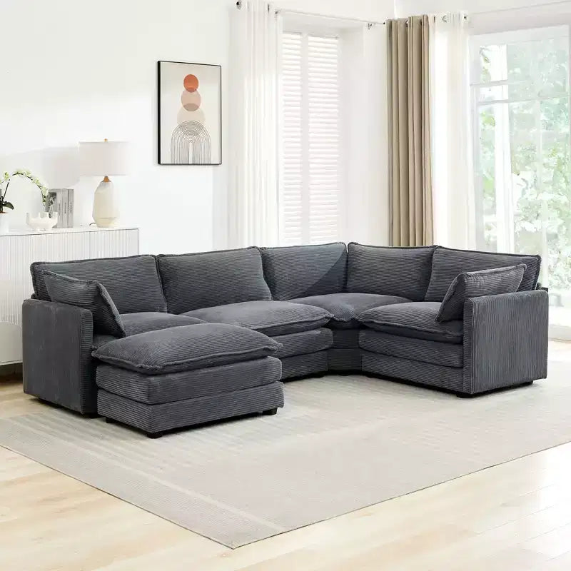 Canapé modulaire moderne 5 places en velours côtelé, surdimensionné, 113,4 po (L) x 79,13 po (l), avec pouf, canapé en U avec coin salon, HYLEORY