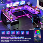 COZONY Bureau de jeu en forme de U/L 78", bureau d'ordinateur réversible avec prises de courant, lumières LED, support de moniteur et étagère de rangement, bureau d'angle pour le bureau à domicile
