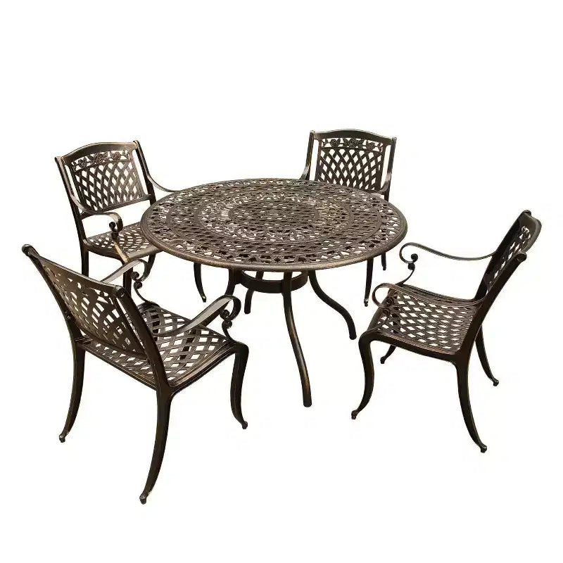 Ensemble de salle à manger de patio 5 pièces, table ronde en aluminium à motif treillis traditionnel de 48 po, finition bronze résistante aux UV - Oakland Living : sièges d'extérieur pour quatre personnes