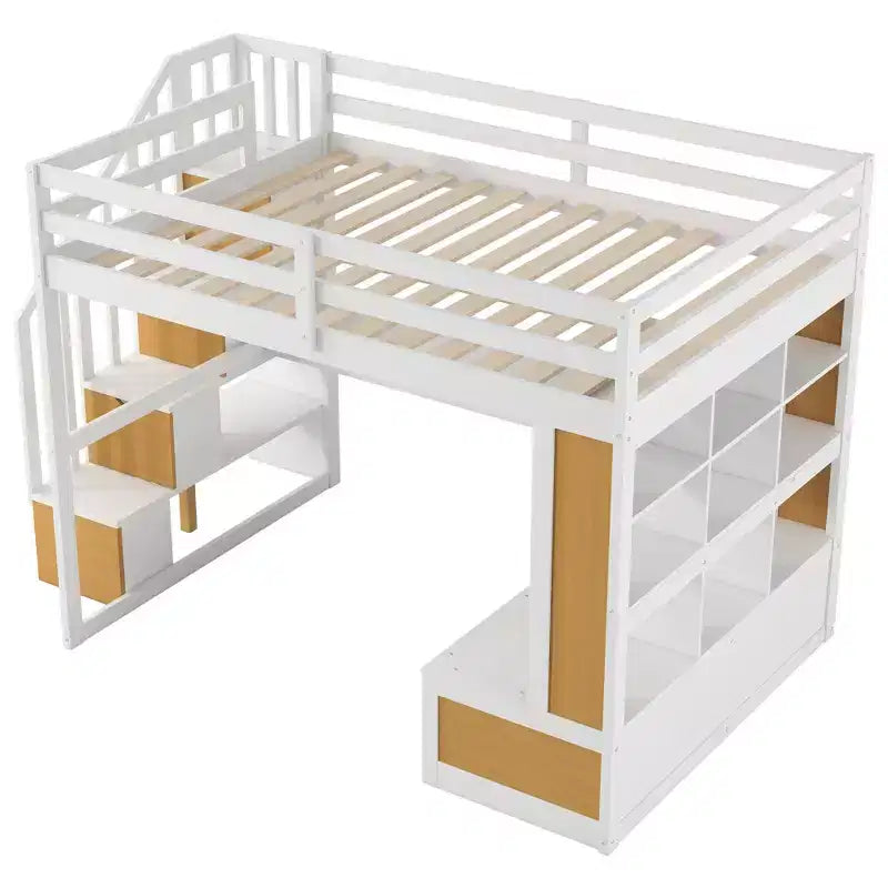 Lit mezzanine pleine grandeur avec escalier et bureau, cadre de lits mezzanine en bois avec tiroirs de rangement et étagères pour adultes, adolescents et enfants