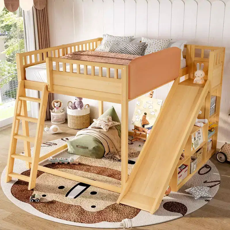 Lit mezzanine Bellemave avec tête de lit rembourrée et étagères de rangement, cadre de lit mezzanine en bois massif avec échelle et toboggan pour enfants