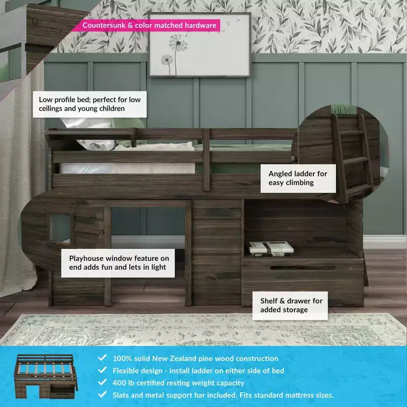 Lit mezzanine bas Max & Lily Modern Farmhouse avec tiroir de rangement, lit en bois massif pour enfants
