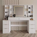 Coiffeuse de 59 pouces avec miroir lumineux, 8 tiroirs, étagères ouvertes pour chambre de fille, éclairage réglable, design gain de place
