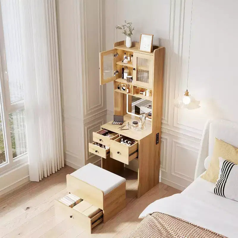 Coiffeuse 3-en-1 avec miroir lumineux, table de toilette compacte avec tiroirs, compartiment de rangement et tabouret roulant pour chambre à coucher