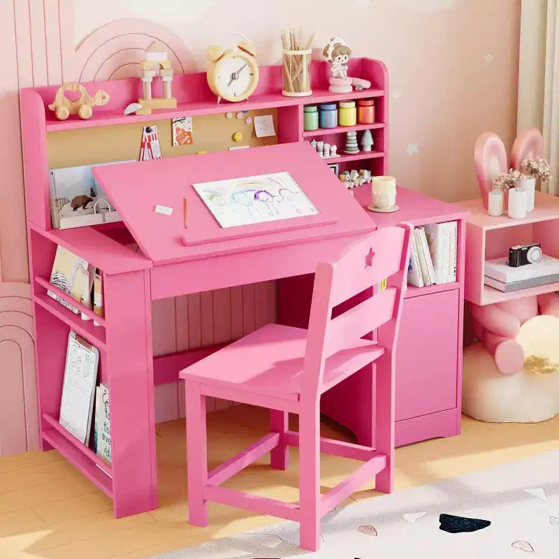 Bureau et chaise d'étude pour enfants avec rangement, bureau d'étude pour enfants avec étagère et plateau inclinable, table en bois pour enfants avec meuble de rangement pour les 3-8 ans