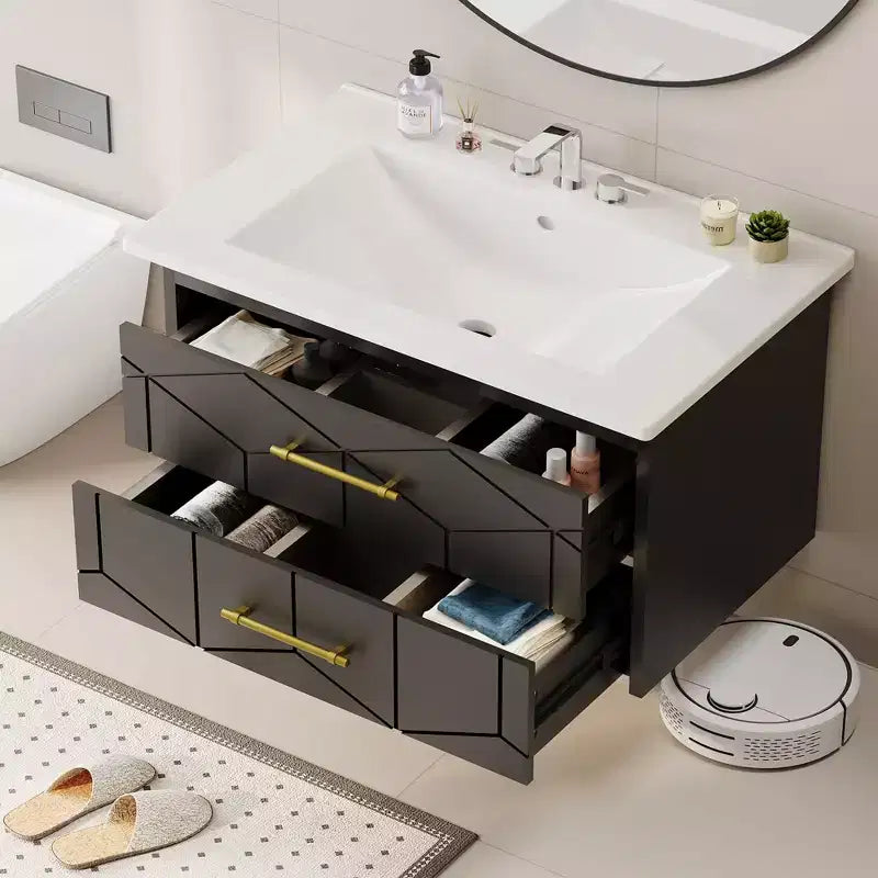 Ensemble de meuble-lavabo suspendu moderne avec vasque – Meuble mural avec tiroir à fermeture douce et poignée dorée, tailles 24 ou 30