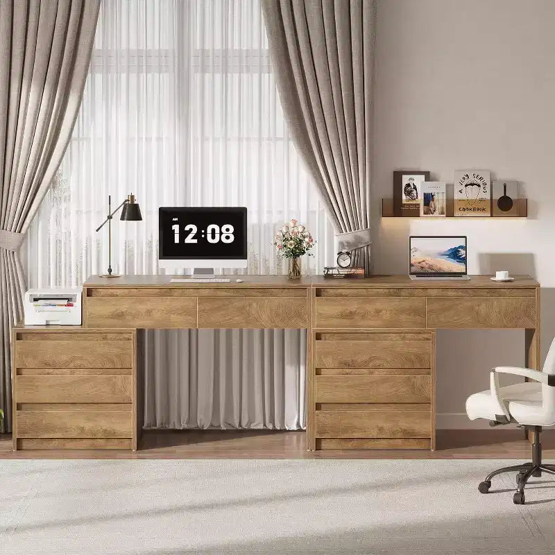 Bureau informatique Lantine avec 5 tiroirs, bureau de direction en bois avec meuble de classement et support pour imprimante pour bureau à domicile, petits espaces