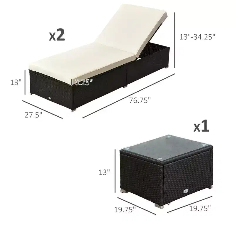Ensemble de 2 chaises longues avec dossier réglable sur 5 positions, table basse d'extérieur, coussins déperlants, chaises de piscine en rotin PE