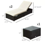 Ensemble de 2 chaises longues avec dossier réglable sur 5 positions, table basse d'extérieur, coussins déperlants, chaises de piscine en rotin PE