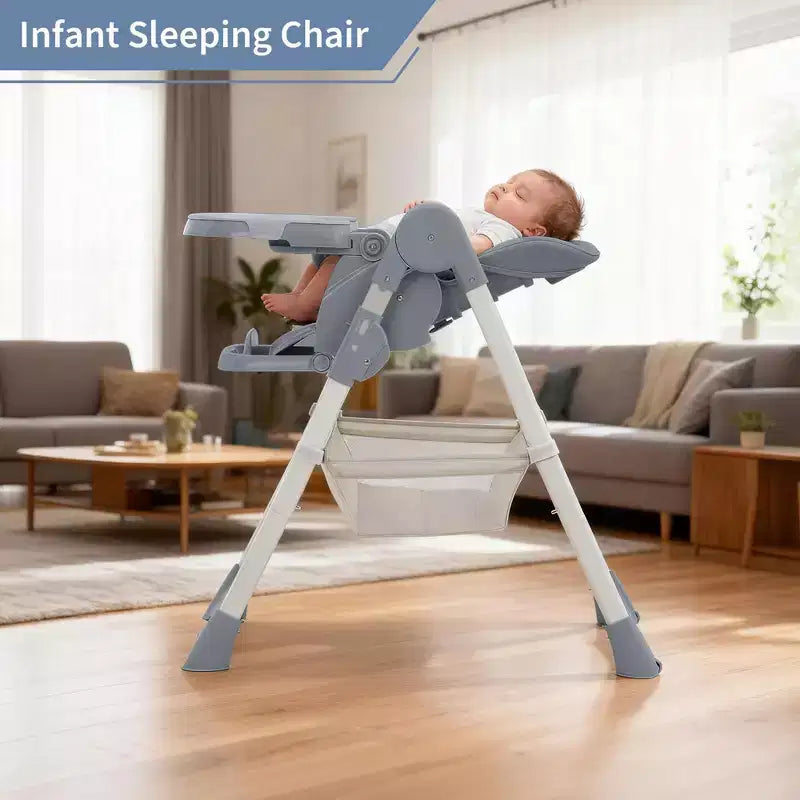 Chaise haute pliable pour bébés et tout-petits, chaise haute en cuir PU avec dossier réglable, hauteur d'assise, plateau amovible, harnais de sécurité 5 points et roues verrouillables