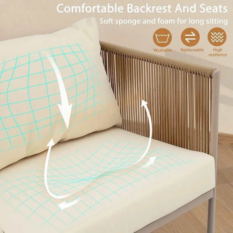 Ensemble de patio en corde d'extérieur 4 pièces pour 4 personnes avec coussins et table en verre