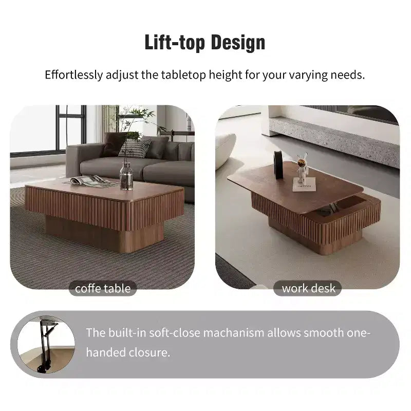 JVNOXK Table basse relevable rainurée 38,6 po avec rangement, table d'appoint moderne à hauteur réglable en placage de bois massif pour salon, chambre, noyer