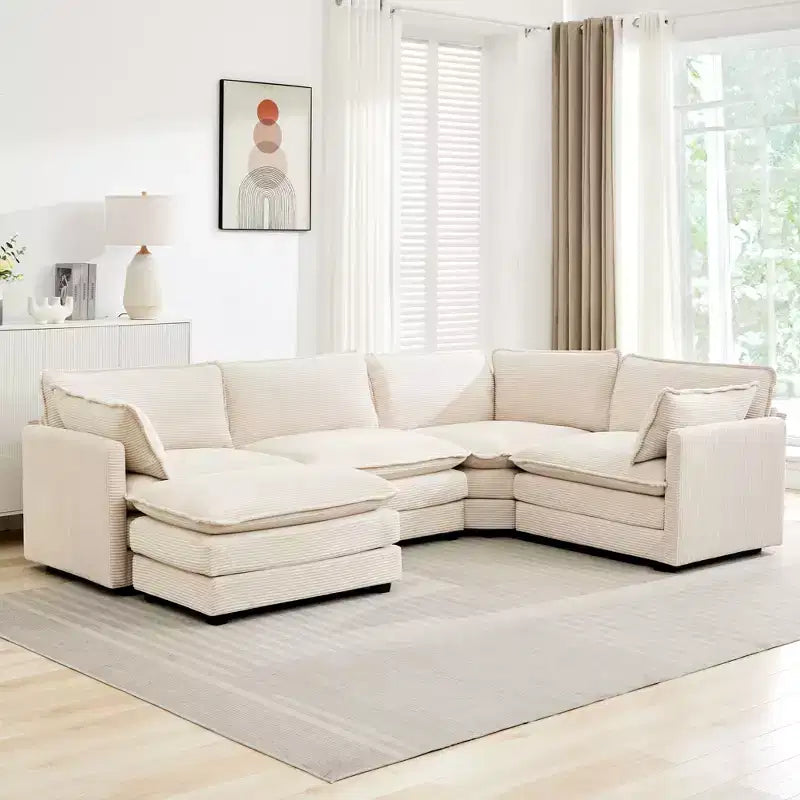 Canapé modulaire moderne 5 places en velours côtelé, surdimensionné, 113,4 po (L) x 79,13 po (l), avec pouf, canapé en U avec coin salon, HYLEORY
