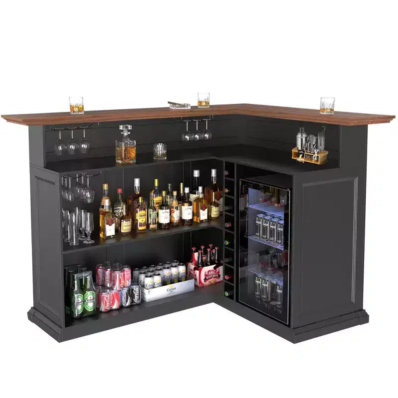 GDLF Meuble de Bar d'Angle en Forme de L avec Espace Réfrigérateur, Grande Table de Bar Moderne pour Sous-sol