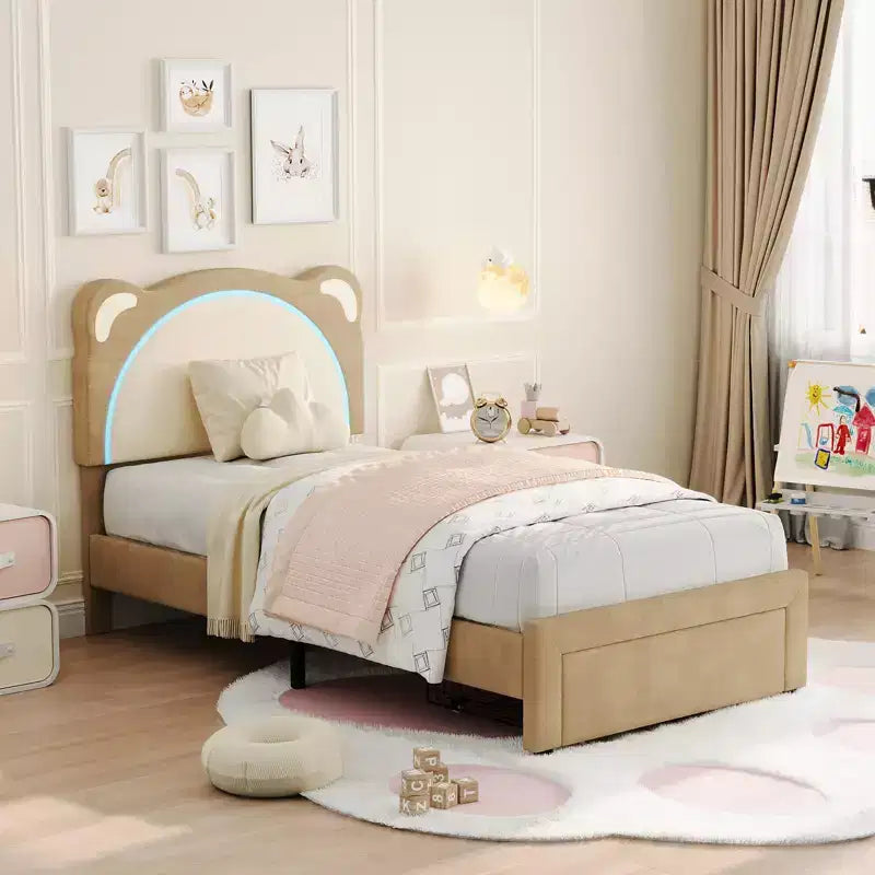 Cadre de lit enfant mignon - Design adorable ourson réglable, revêtement en suède, tiroirs de rangement, lattes en bois massif, conception silencieuse, facile à assembler.