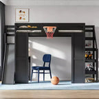 Lit mezzanine en bois massif Luxystar avec bureau, toboggan, panier de basket et escalier de rangement pour enfants et adolescents