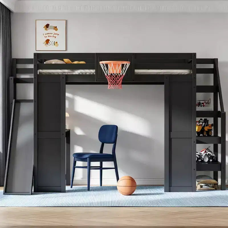 Lit mezzanine en bois massif Luxystar avec bureau, toboggan, panier de basket et escalier de rangement pour enfants et adolescents