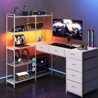Bureau d'ordinateur en L de 120 cm avec 6 tiroirs et 5 étagères, bureau de jeu d'angle réversible avec lumières LED et prises de courant