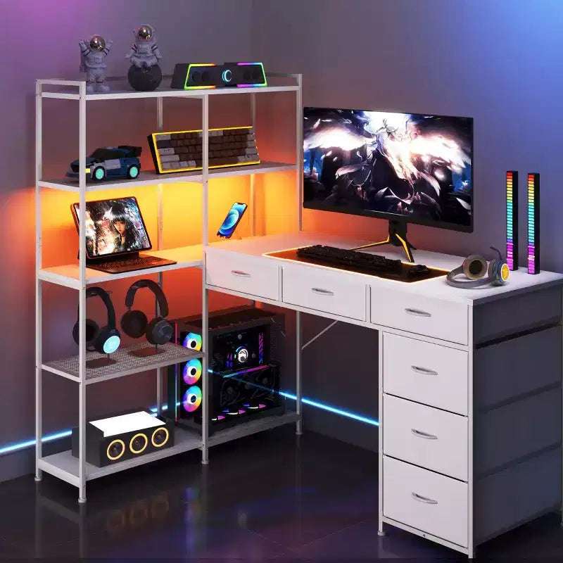 Bureau d'ordinateur en L de 120 cm avec 6 tiroirs et 5 étagères, bureau de jeu d'angle réversible avec lumières LED et prises de courant