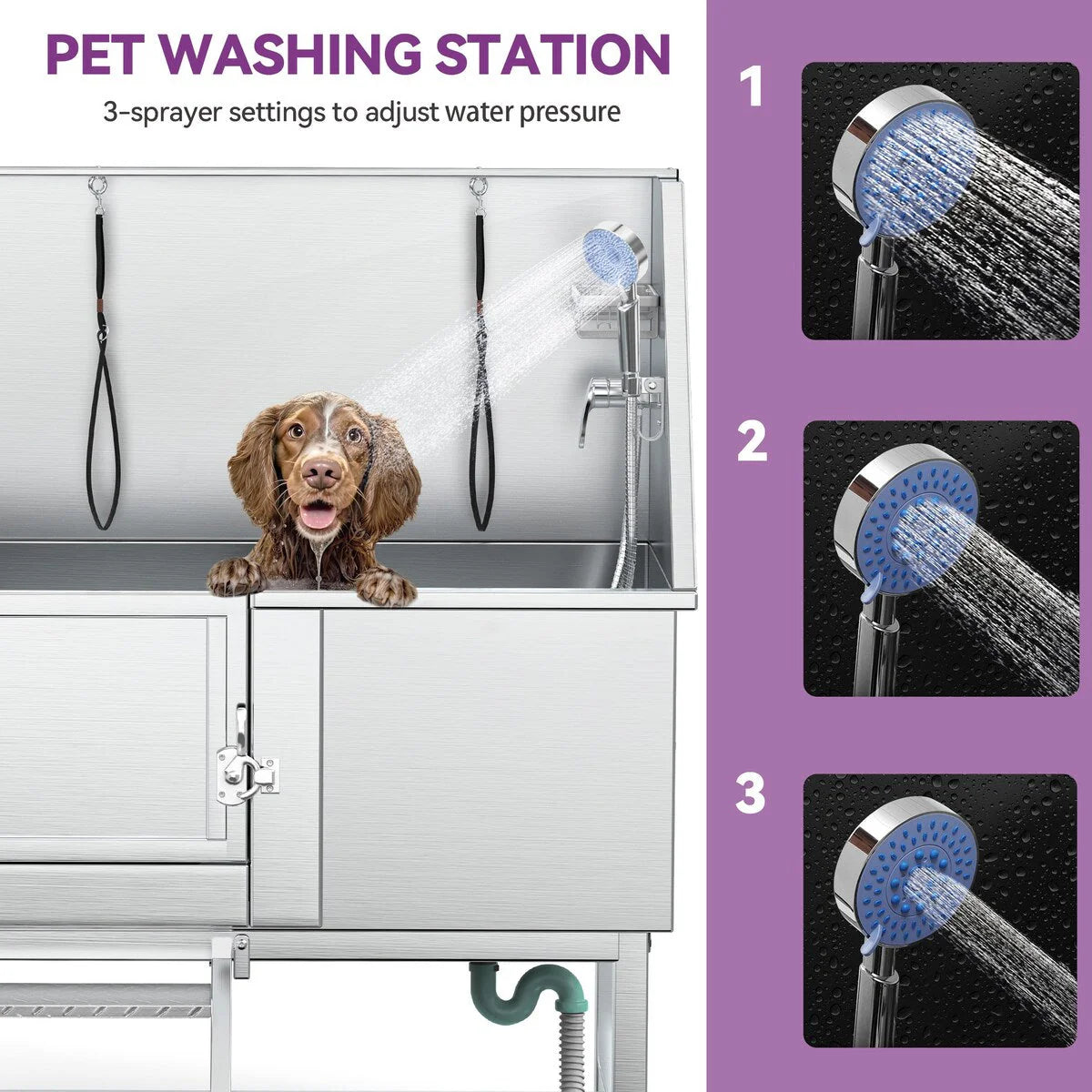 Baignoire de toilettage pour animaux en acier inoxydable de 50 po avec rampe d'accès réglable
