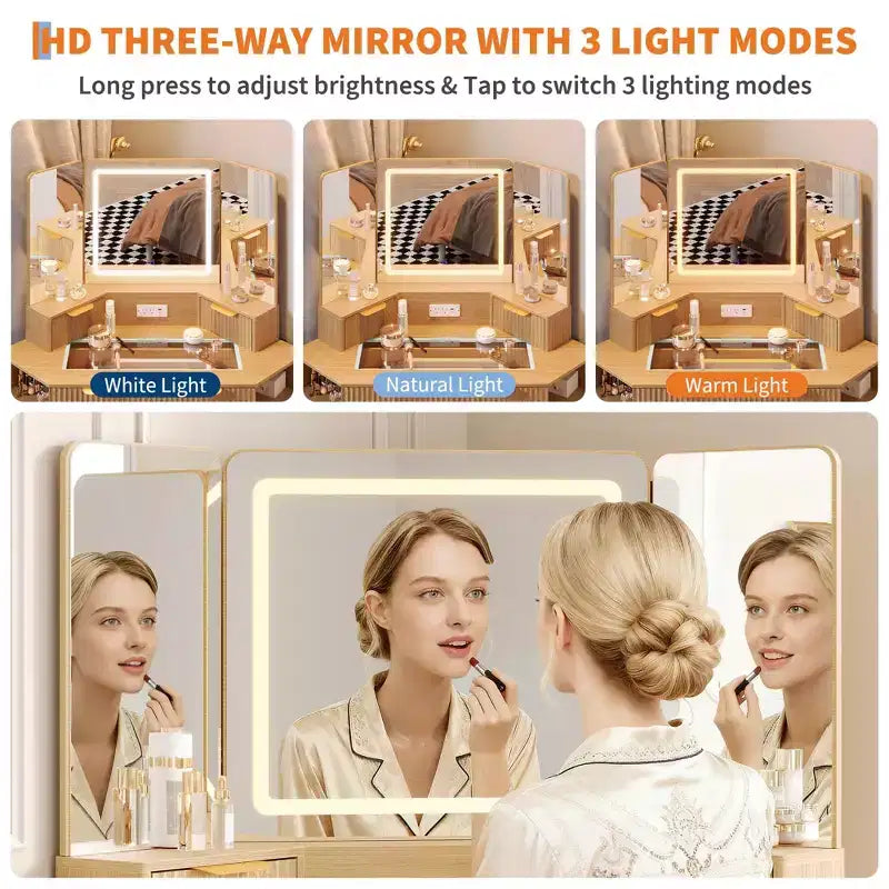 Coiffeuse d'angle 47 po avec miroir et lumière, table de maquillage en bois avec plateau en verre et station de charge, coiffeuse pour chambre à coucher