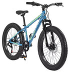 Vélo Okak 24 pouces Fat Tire avec suspension avant, VTT 7 vitesses avec frein à disque et cadre en acier à haute teneur en carbone, Vélo de randonnée pour les trajets quotidiens