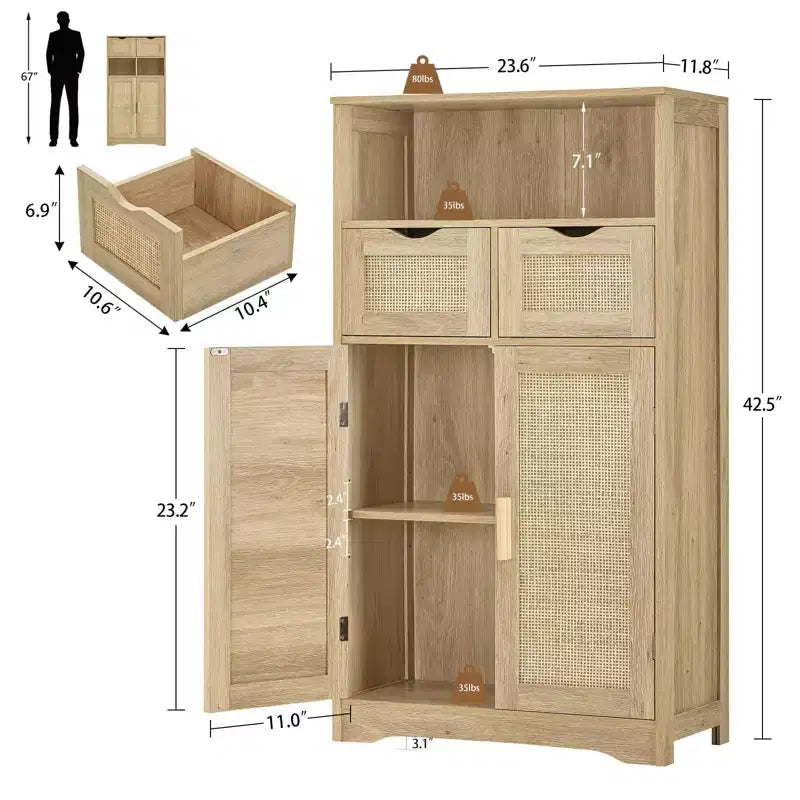 Meuble de rangement en rotin avec 2 tiroirs et étagères réglables pour cuisine/maison