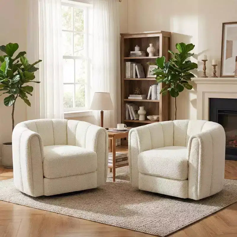 2 fauteuils d'appoint pivotants, fauteuil barillet en tissu peluche Teddy à rotation 360°, base robuste, beige pour salon, chambre, bureau