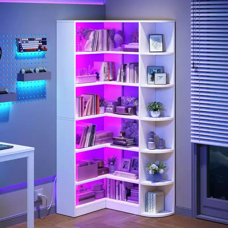 Étagère à 6 niveaux avec lumière LED, bibliothèque moderne de 180 cm, étagère d'angle en forme de L, meuble de rangement et de présentation.
